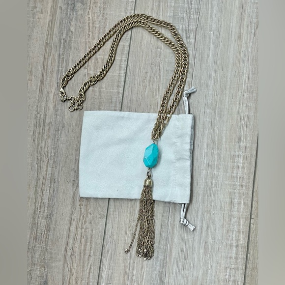 Lucky Brand Turquoise Pendant Necklace Tassel Gold Long Necklace Boho Western - Picture 3 of 5